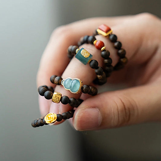 Original Handmade Natural Qinan Agarwood Small Rice Bead Ring Jade Gourd Zakiram Wealth Round Bead Ring Green