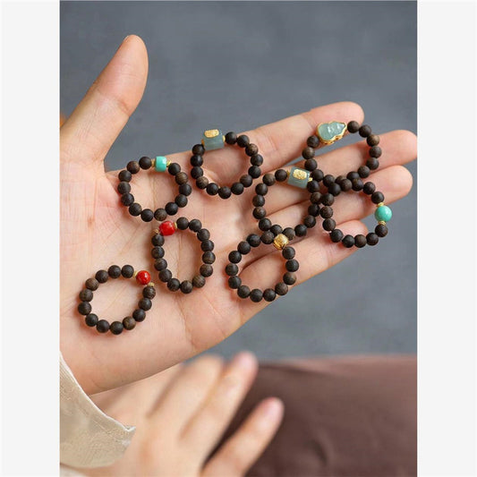 Original Handmade Natural Qinan Agarwood Small Rice Bead Ring Jade Gourd Zakiram Wealth Round Bead Ring Green
