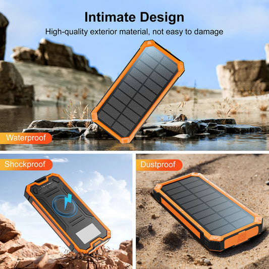 Outdoor waterproof wireless charging solar power bank 20,000 mAh fast charging emergency mobile power supply