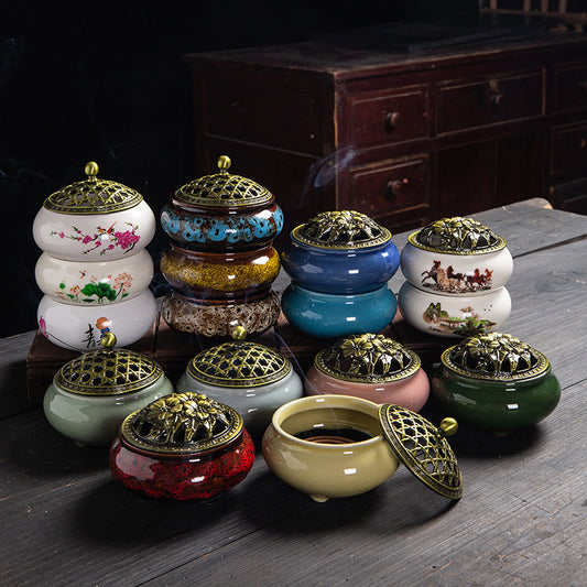 Ceramic incense burner household Yiwu wholesale incense kiln Changge kiln temple line incense aromatherapy plate tower incense small plate incense burner